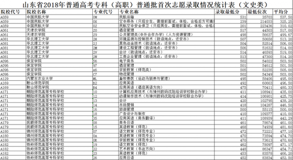 2018年山东专志愿录取（2018山东高考专科投档表）