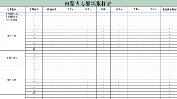 内蒙古网报高考网志愿表格（内蒙古高考志愿表填写）